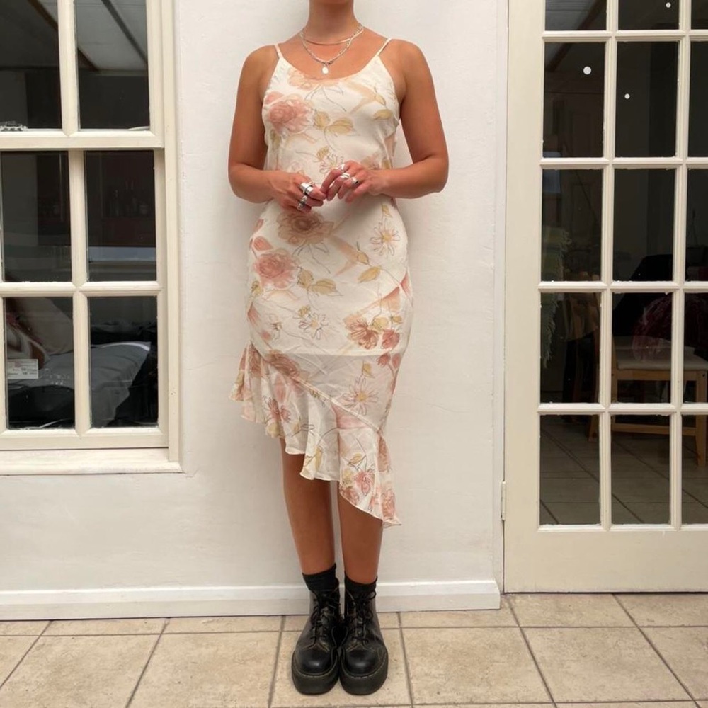 Vintage 90s cream floral mesh overlay cami slip on dress with dress underlay